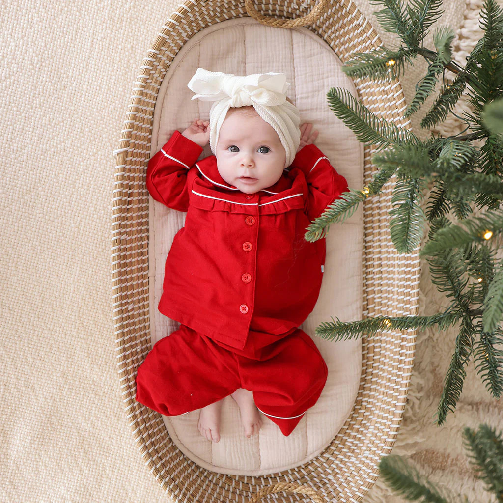 Solid Red Ruffled Flannelette Pajamas | Garnet Red | Posh Peanut