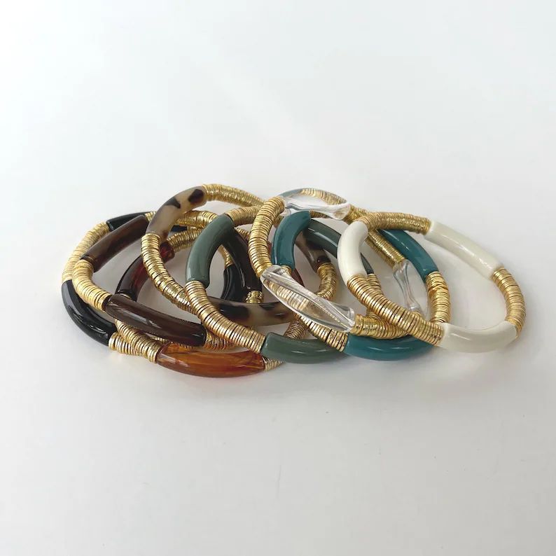 Fall GOLDIE | Gold and Acrylic Beaded Tube Bead Bracelets | Boca Acrylic Bangle Bracelet | Etsy (US)