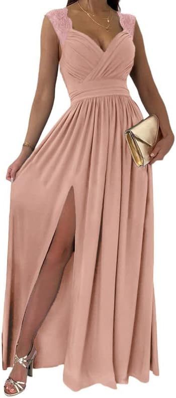 Dokotoo Womens 2024 Formal Dresses Wrap V-Neck Ruched Sexy Bridesmaid Wedding Guest Maxi Dresses | Amazon (US)