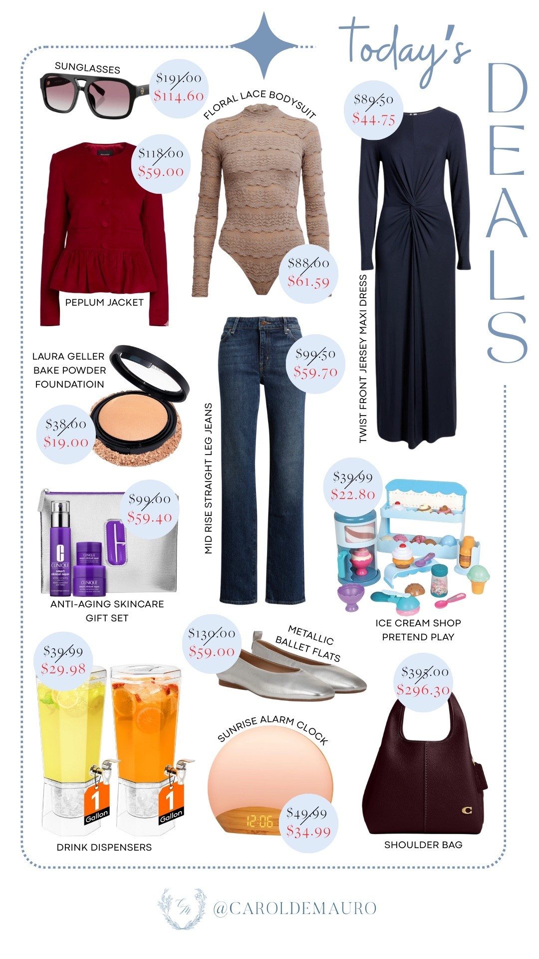 Grab today’s deals on a floral lace bodysuit, peplum jacket, twist front jersey maxi dress, mid-rise straight leg jeans, metallic ballet flats, sunglasses, and a shoulder bag. Beauty finds include the Laura Geller Baked Powder Foundation and an anti-aging skincare gift set from Clinique. There are also fun and practical picks like an ice cream shop pretend play set, drink dispensers, and a sunrise alarm clock.

spring fashion finds, everyday outfits, beauty favorites, gift ideas, kids toys, home essentials, on sale now, amazon, nordstrom

#LTKSeasonal #LTKBeauty #LTKSaleAlert