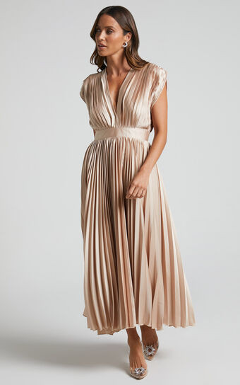 Della Midi Dress - Plunge Neck Short Sleeve Pleated Dress in Champagne | Showpo (US, UK & Europe)