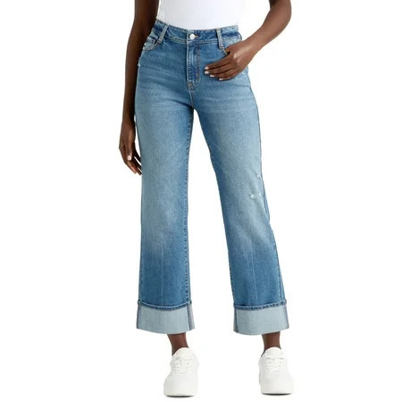 Time and Tru Women's High Rise Straight Leg Cuffed Jeans, 29" Inseam, Sizes 2-20 | Walmart (US)