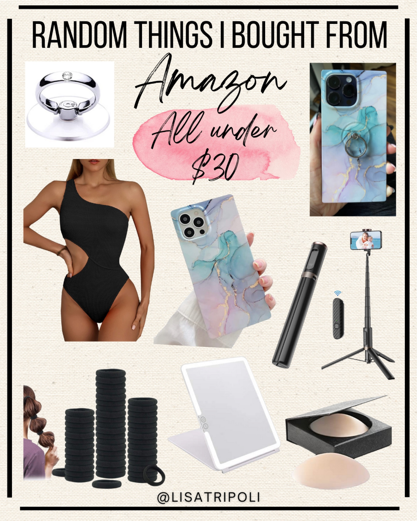 One-piece swimsuit in black and green, size M. 
iPhone 14 Pro Max phone case 
Famous “sticky boobies” everyone raves about!
Travel mirror with 3 modes and dimmable. 
60” cell phone stand with bluetooth….perfect for travel!
BEST hair ties…great gimme beauty dupe!

#amazon #swim #travel #giftidea #giftsforher #techgifts 

#LTKtravel #LTKHoliday #LTKCyberweek