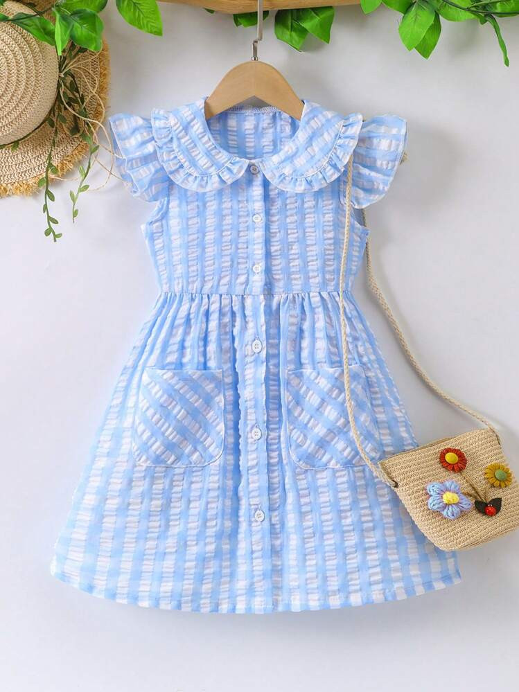  Country Style Peter Pan Collar Blue Picnic Plaid Sweet Dressn | SHEIN