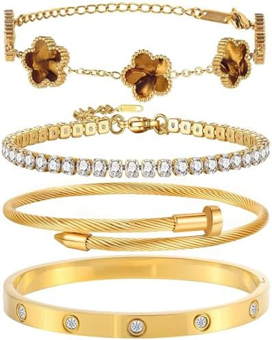 18K Gold Plated Bangle Bracelet Set for Women Stackable Lucky Floral Adjustable Tennis Bracelet N... | Amazon (US)