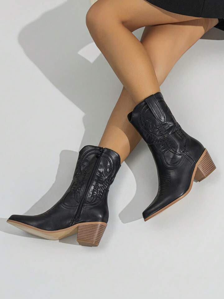 Women Embroidered Detail Zip Side Western Boots, Fashionable Outdoor Cowboy Boots | SHEIN