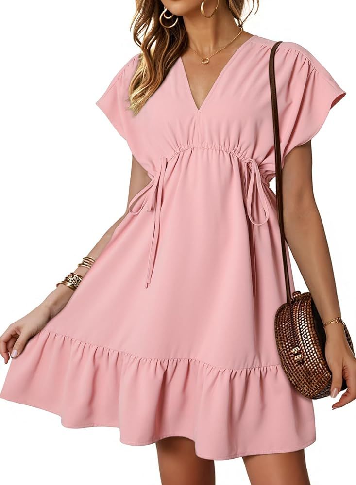 Dokotoo Womens Summer Dresses 2024 Short Sleeve V Neck Drawstring Casual Ruffle A-Line Swing Mini... | Amazon (US)