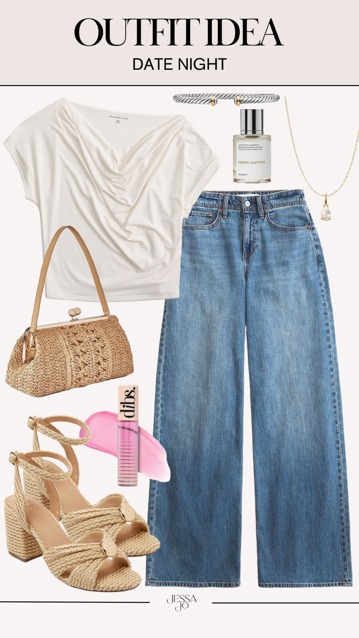Spring date night outfit idea. Summer date night outfit idea. Date night look. Girls night out look. Elevated casual summer outfit. Abercrombie denim. Cowl neck dressy tee. Woven clutch. Target straw shoulder bag. Target woven wedge heels. 

#LTKootd #LTKSeasonal #LTKgrwm