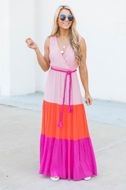 Remarkable Sunset V-Neck Maxi Coral SALE | The Pink Lily Boutique