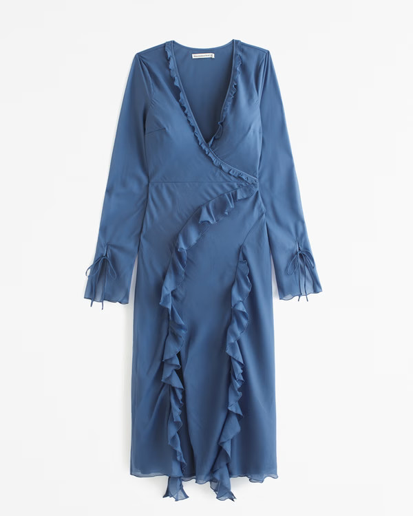 Plunge Ruffle Long-Sleeve Midi Dress | Abercrombie & Fitch (US)