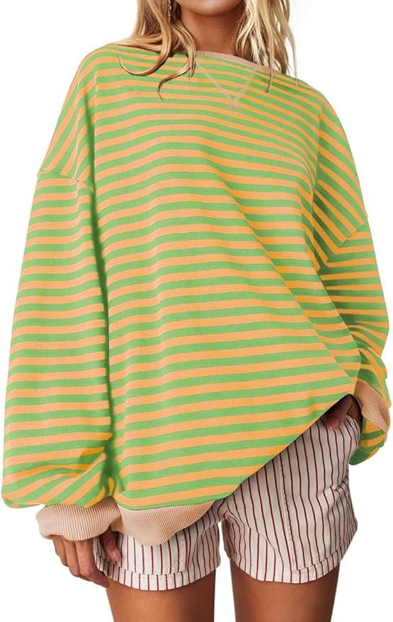 UEU Women Oversized Striped Crewneck Sweatshirt Long Sleeve Color Block Pullover Tops Casual Loos... | Amazon (US)