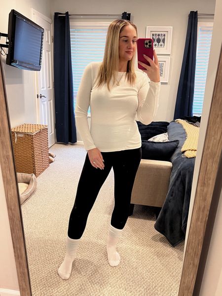 Winter outfit great for layering! I'm obsessed with these target long sleeve shirts, I have three colors. They for almost like a body suit. Wearing a small with Amazon leggings that are highly rated! Run true to size  

#LTKstyletip #LTKSeasonal #LTKfindsunder50