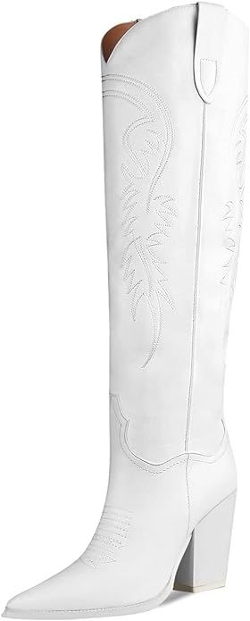 ISNOM Women's Western Boots Knee High Boots, Cowboy Cowgirl Embroidered Chunky Block Heel Pointed... | Amazon (US)