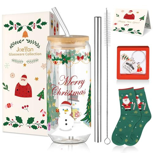 Joeyan Christmas Glass Cups with Lids and Straws,Cute Xmas Tumbler Iced Coffee Glass with Keychain and Socks,Can Shaped Beer Drinking Glasses with Tree Snowmen Patterns,Gift for Women Family,20 oz | Amazon (US)