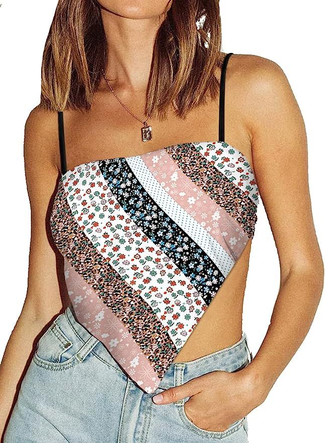 Ainuno Bandana Top Cute Spaghett Strap Crop Top Hanky Hem for Women Teen Girls | Amazon (US)