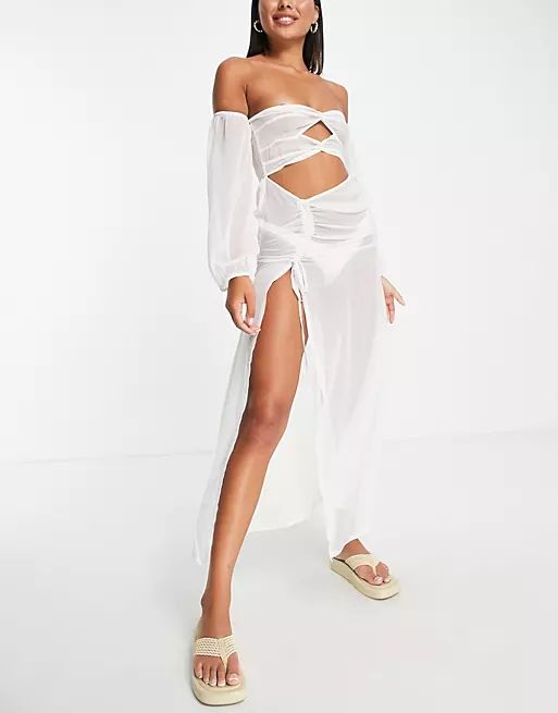 ASOS DESIGN cut out sheer bandeau beach maxi dress with removable sleeves in white | ASOS (Global)