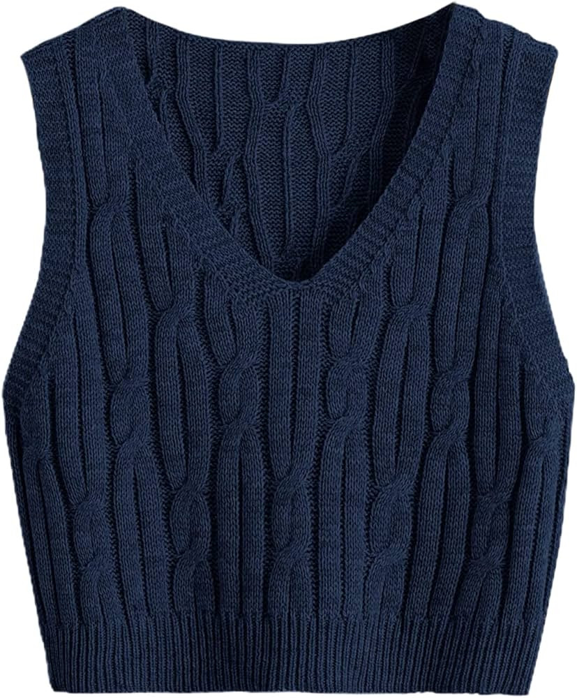 Romwe Women's Cable Knit Crop Sweater Vest Preppy Style Sleeveless V Neck Knitwear Tank Tops | Amazon (US)