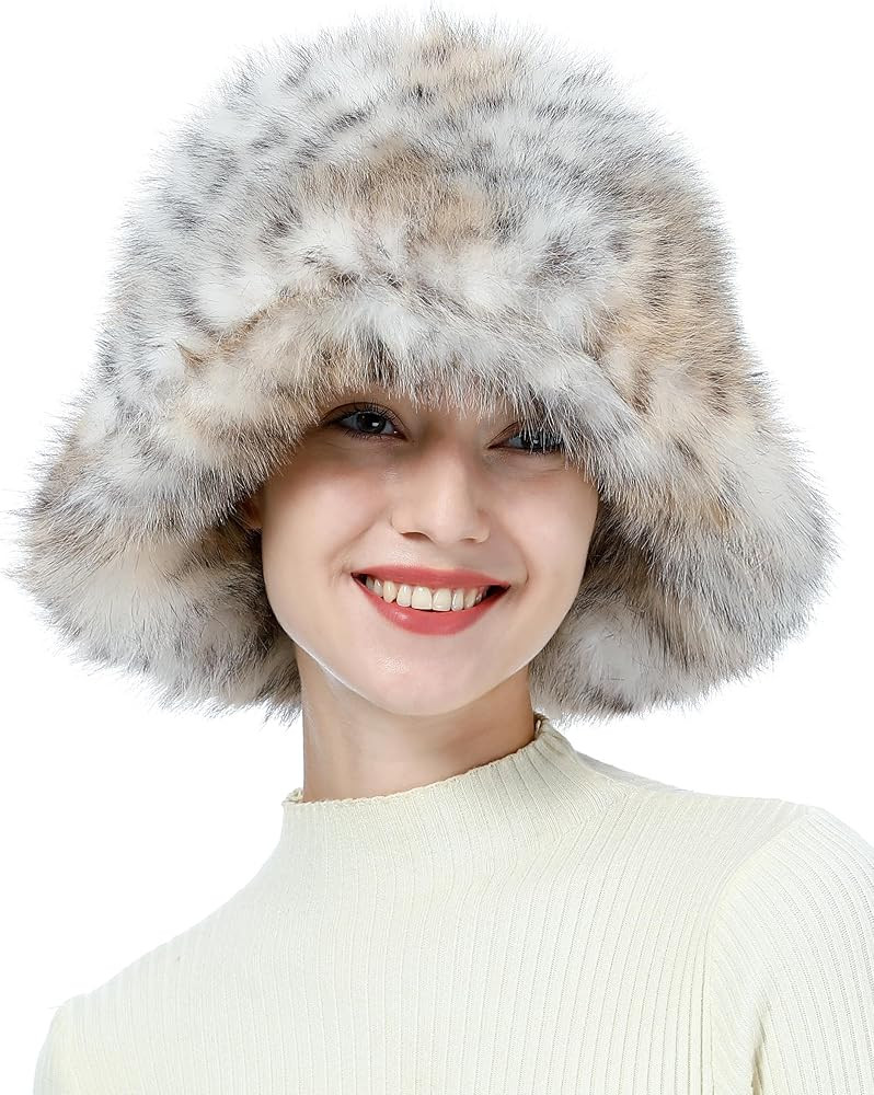Women's Winter Faux Fur Bucket Hat Fluffy Warm Ladie's Plush Leopard Printed Fisherman Cap | Amazon (US)