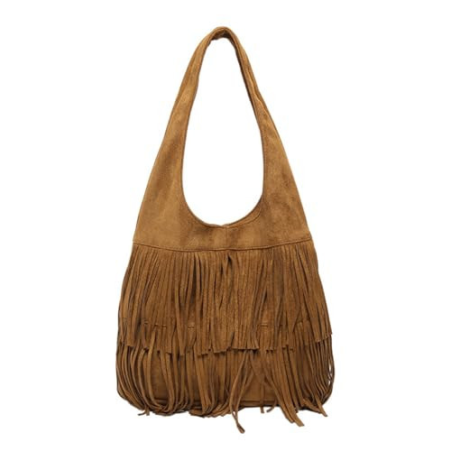 CORIOS Women Suede Handbag Vintage Fringe Hobo Bag Shoulder Bag with Tassel Hippie Western Purse Large Capacity Tote Bag Elegant Top Handle Bag for Shopping Work Travel Brown | Amazon (US)