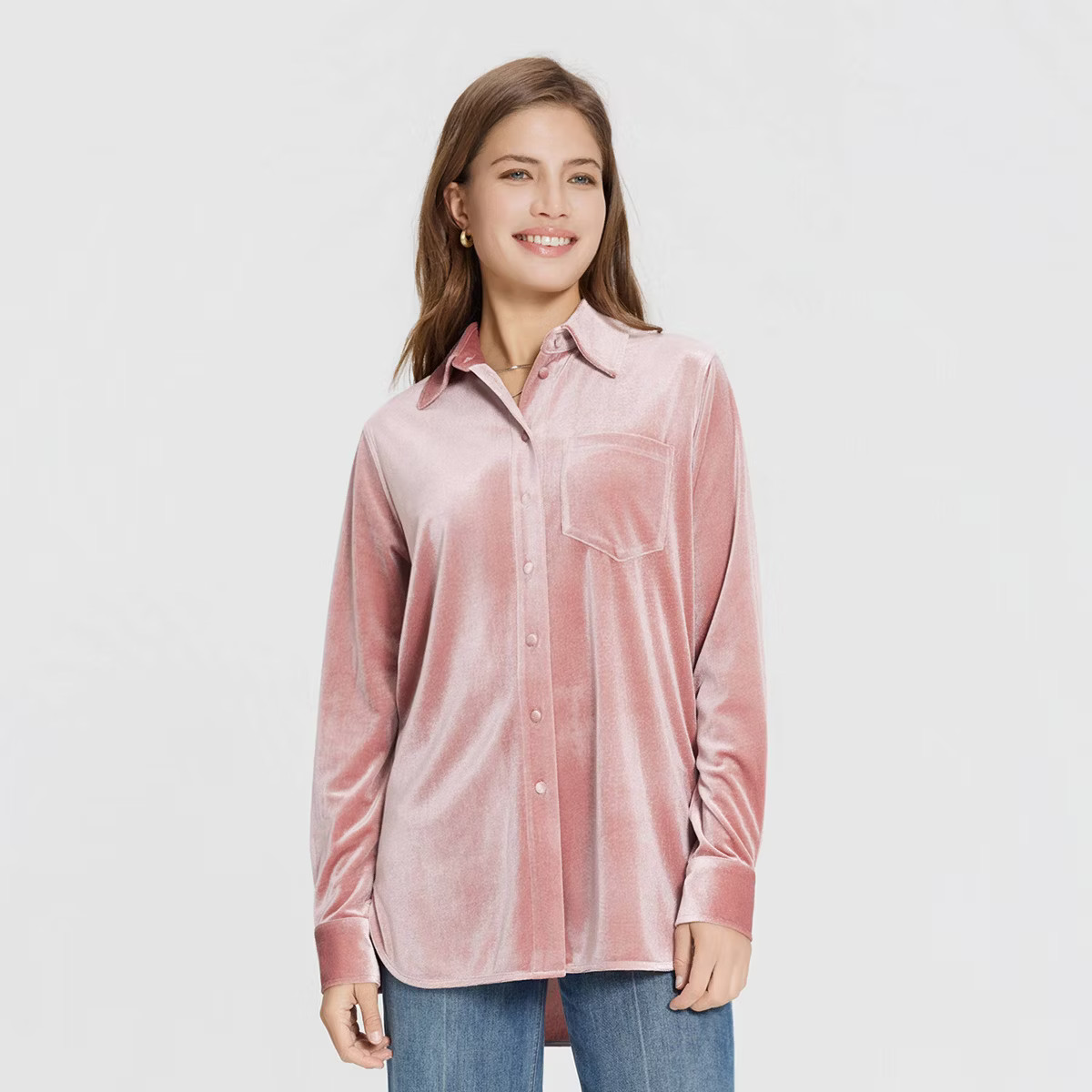Women's Long Sleeve Collared Velvet Button-Down Shirt - Universal Thread™ Dark Pink XS | Target