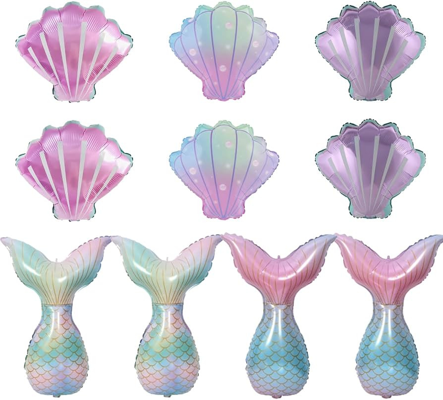 Finypa 10Pcs Mermaid Balloons,Seashell Balloons Mermaid Tail Helium Mylar Foil Balloons for Under... | Amazon (US)