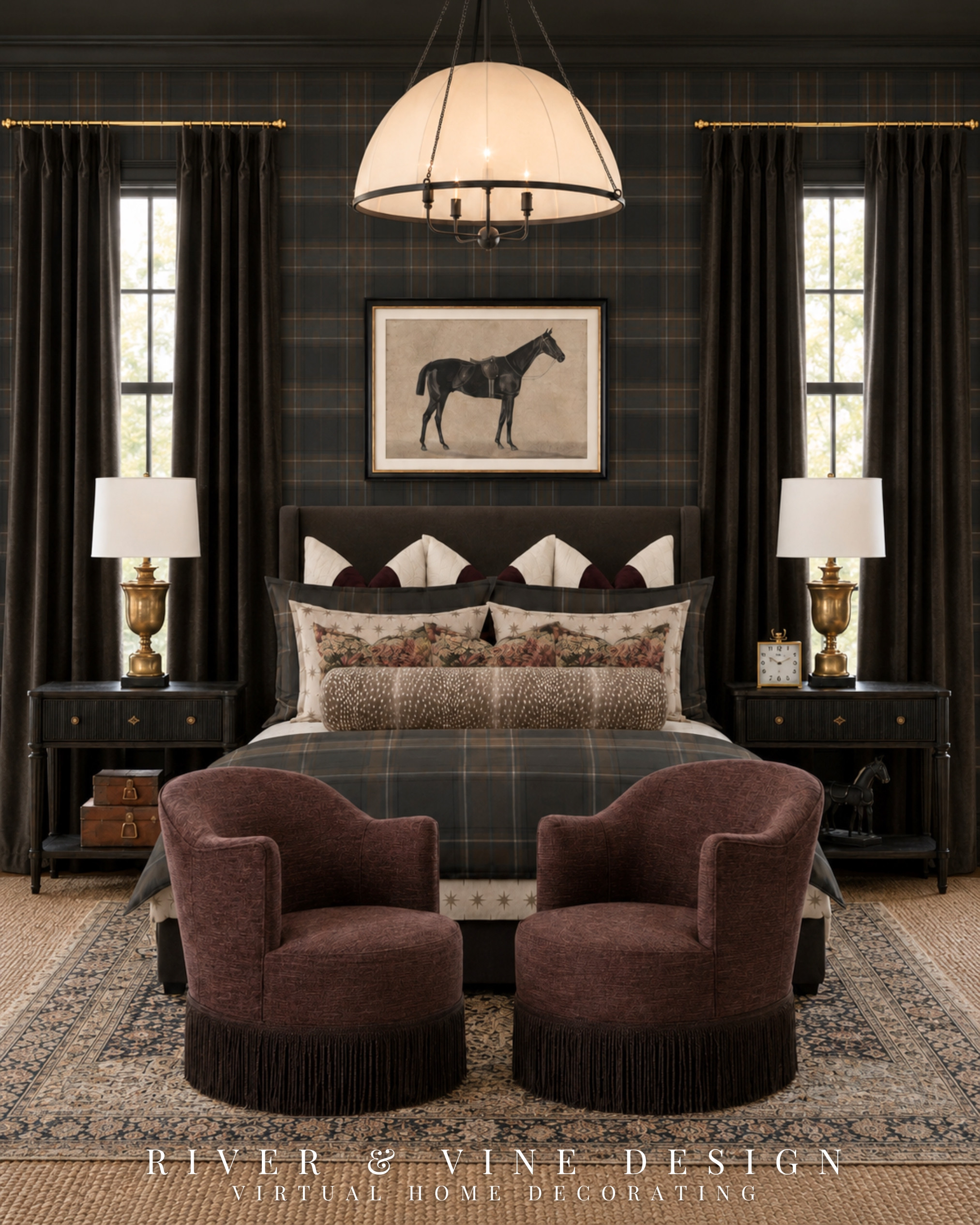 A dark, tailored bedroom with classic horse-country details: plaid wallpaper, velvet curtains, antique brass lamps, framed equestrian art, layered bedding, and skirted accent chairs. This is the kind of room that feels collected, moody, and expensive without leaning trendy.

Perfect for anyone who loves Ralph Lauren style, traditional interiors, plaid decor, equestrian home decor, dark bedroom ideas, and classic layered design.

Disclosure: I may receive a small commission from purchases made through my links, at no additional cost to you. 

 #LTKHome