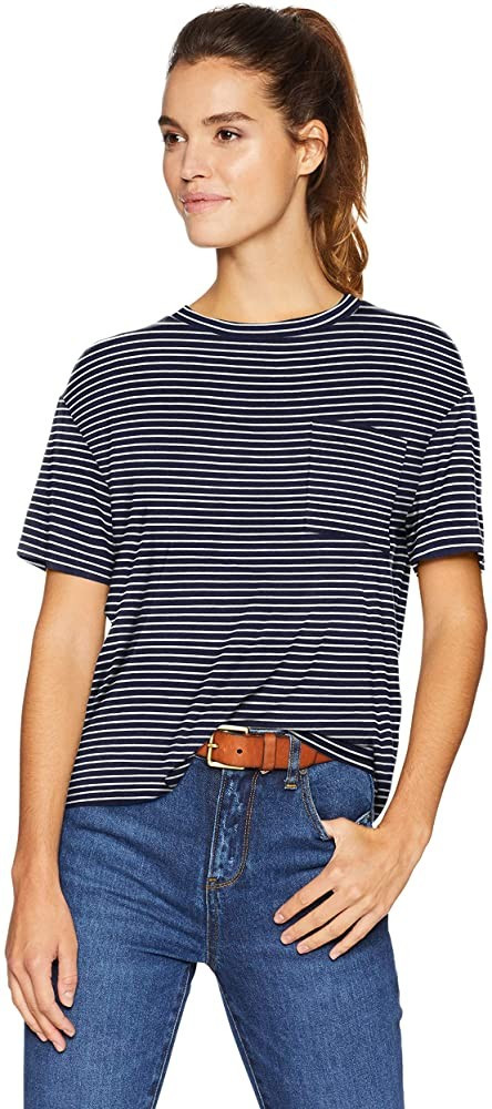 Amazon.com: Daily Ritual Women's Jersey Relaxed-Fit Short-Sleeve Crewneck Pocket T-Shirt, Navy-Wh... | Amazon (US)