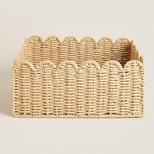 Scalloped Basket，Wicker Storage Baskets for Shelves，Woven Basket,Rope Basket,Beach Basket（M-14 * 14 * 5.5IN） | Amazon (US)