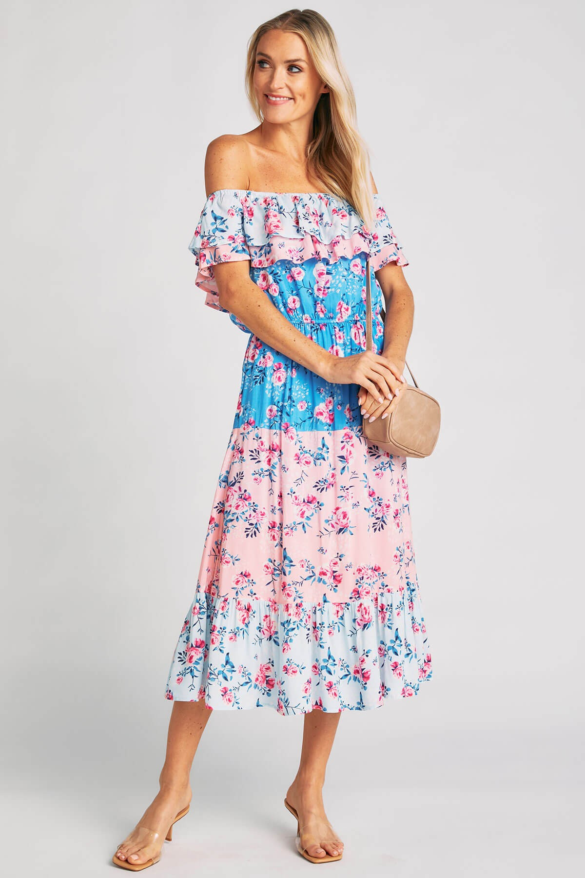 Emily Wonder Mixed Print Off Shoulder Midi Dress | Social Threads