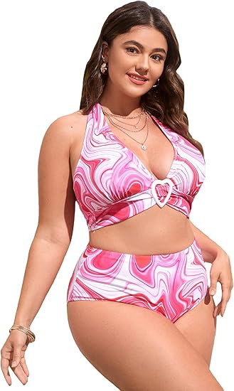 SOLY HUX Women's Plus Size Allover Print Halter High Waisted Bikini Set Bathing Suits 2 Piece Swi... | Amazon (US)