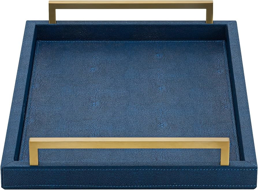 Navy Blue Decorative Tray,Serving Tray with Handles,Shagreen Leather Coffee Table Tray Rectangle ... | Amazon (US)