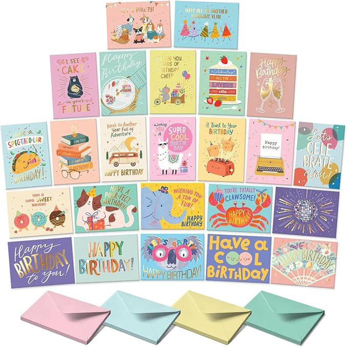 S&O Box of Birthday Cards with Envelopes - Bulk 24 Unique Happy Day Notes - Colorful Birthday Dec... | Amazon (CA)