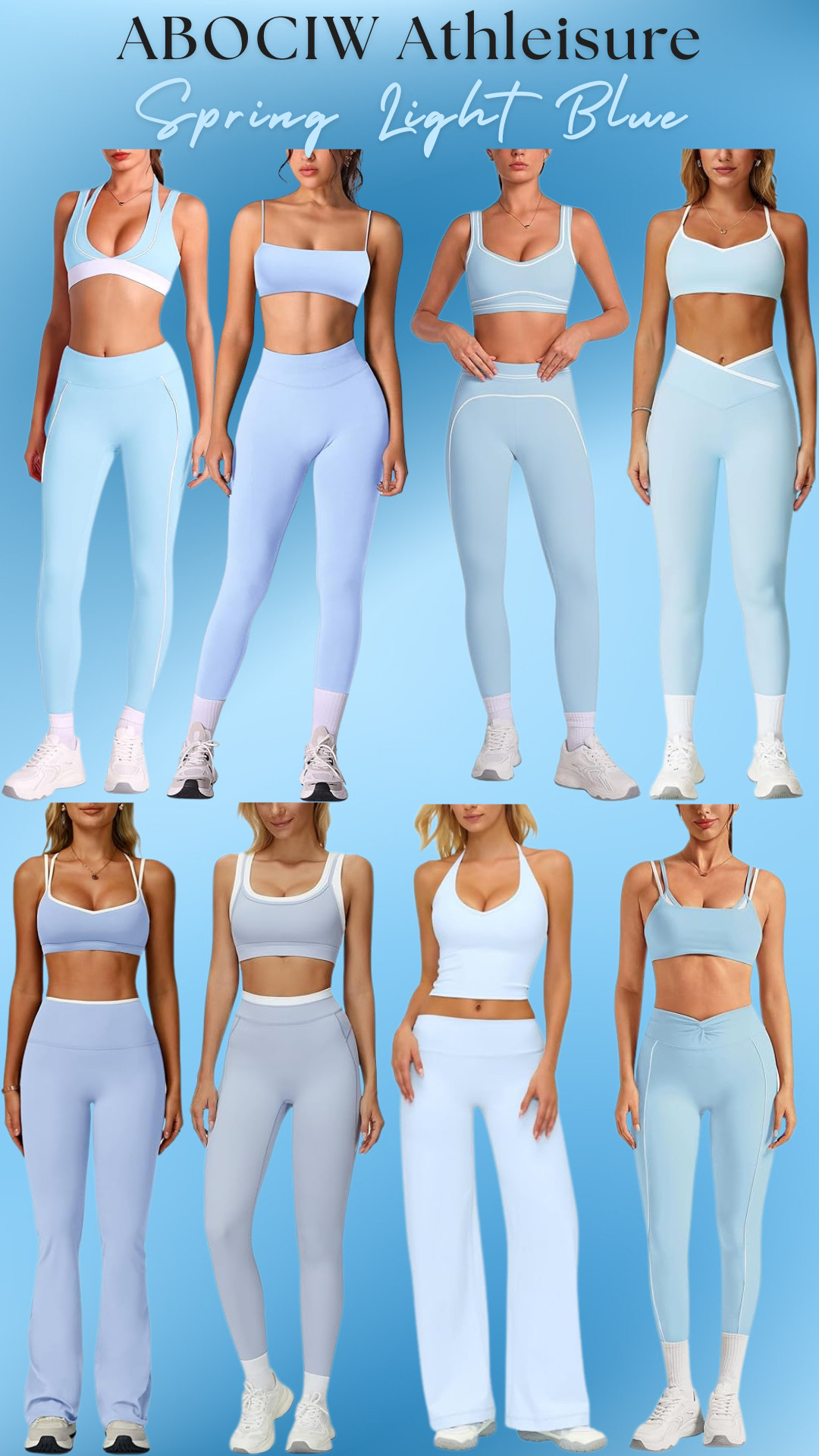 Light Blue Athleisure by ABOCIW 🩵 

Light blue activewear is one of the biggest spring athleisure trends right now and these ABOCIW workout sets from Amazon are such a good find. 

The cool blue, aqua, and soft light blue tones give that clean, elevated activewear look without the expensive designer price tag.

These sets are designed with smoothing, sculpting fabric that hugs your body while still staying breathable and comfortable for workouts. The high waisted leggings help hold everything in place so you’re not constantly adjusting during workouts, and the sports bras give supportive coverage while still looking flattering.

If you’re tired of workout clothes that lose compression, feel thin, or leggings that slide down during workouts, these Amazon activewear pieces are surprisingly supportive and comfortable while still being an affordable gym outfit option.

Matching workout sets also make getting dressed for the gym effortless. Throw one on and you instantly have a polished athleisure outfit that works for workouts, Pilates, yoga, errands, or travel days.

Pieces in this set lineup:
• High Waisted Sculpting Leggings
• Seamless Compression Workout Leggings
• Flared Yoga Pants
• Supportive Sports Bra
• Strappy Sports Bra Top
• Longline Sports Bra
• Cross Waist Leggings
• Matching Gym Set Activewear

Perfect for:
• Gym workouts
• Pilates classes
• Yoga sessions
• Walking workouts
• Hot girl walks
• Athleisure errands
• Travel outfits
• Everyday activewear

Everything is linked! 

 

#LTKootd #LTKActive #LTKTravel
