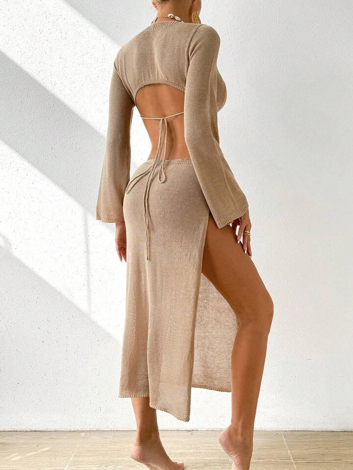 SHEIN Swim Top Tipo Pareo Con Mangas Acampanadas De Color Liso Para Mujer Con Anillos De Metal Y ... | SHEIN