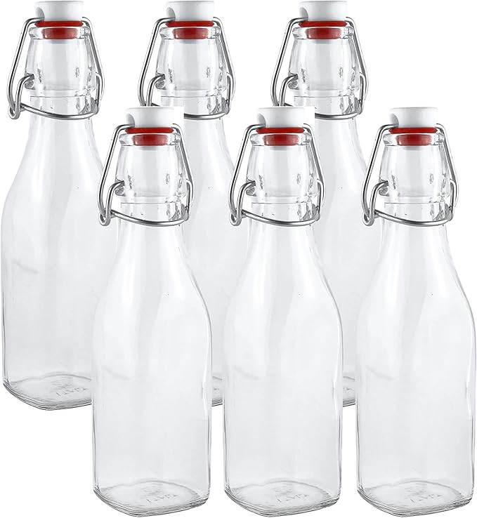Estilo Swing Top Easy Cap Clear Glass Bottles, Round, 8.5 oz, Set of 6. Standard Size, Flip Top G... | Amazon (US)