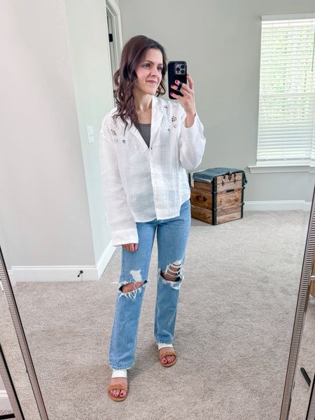 Saturday casual #ootd | embroidered linen oversized button up, ribbed tank, distressed 90s jeans (sized down 2 sizes), strap slide sandals 

#LTKStyleTip