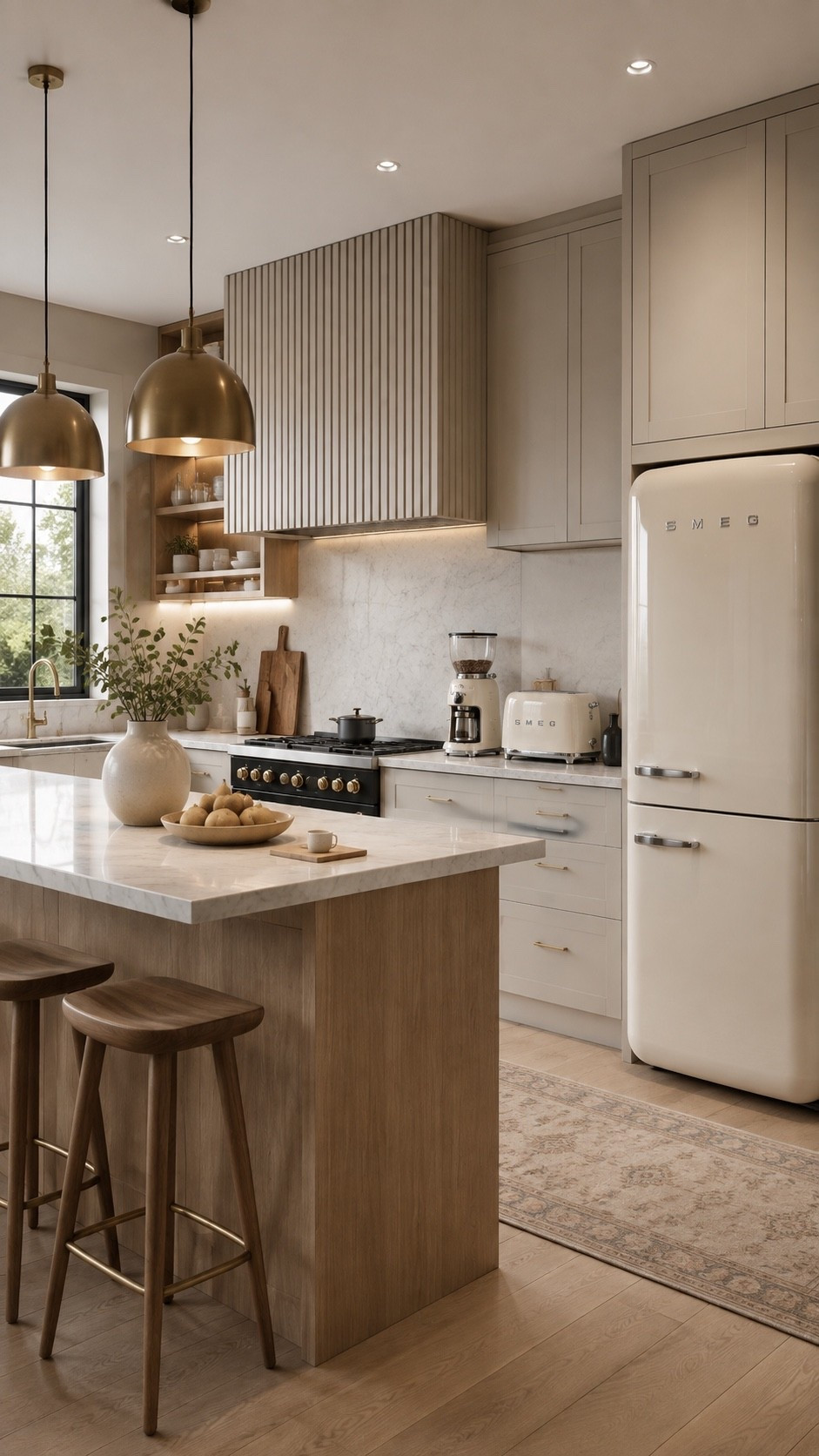 Shop This Kitchen — link below. Recreate this warm modern kitchen with creamy cabinetry, a natural wood island, soft stone countertops and beautiful brass lighting. Retro-inspired cream appliances, layered neutral textures and organic styling give the space an elevated designer look that feels warm, timeless and luxurious.

#KitchenInspo #KitchenDesign #ModernKitchen #LuxuryKitchen #KitchenDecor #OrganicModern #WarmModern #NeutralKitchen #DreamKitchen #KitchenIdeas #HomeDecor #InteriorDesign #LuxuryInteriors #QuietLuxury #ModernHome #NeutralHome #KitchenStyling #DesignerKitchen #HomeInspiration #LTKHome #LTKFinds #HomeFinds #KitchenFinds