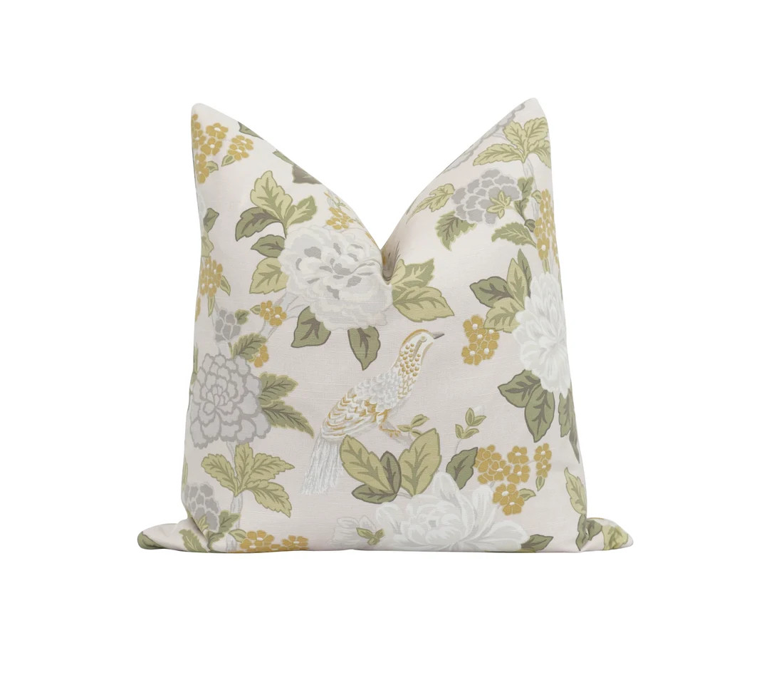 Chinoserie Print Pillow Cover, 20x20 Floral Pillow Cover, Gold Green Taupe Euro Sham, Ivory Greig... | Etsy (US)
