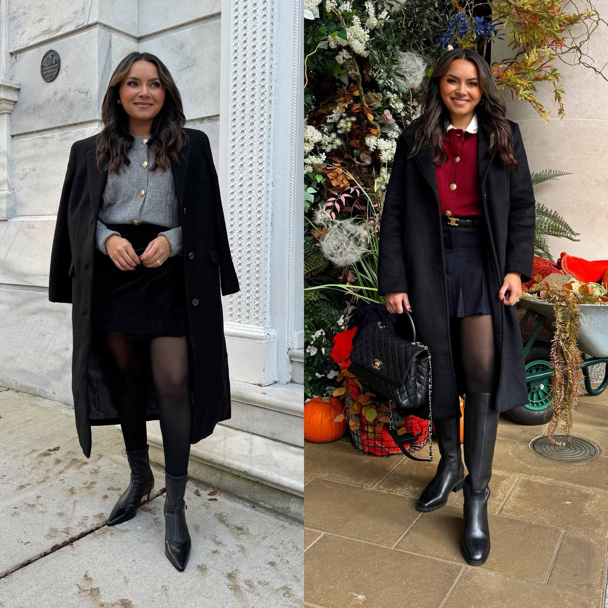 Black coat size 2 petite - sized up a size  
Grey cable knit cardigan size XS TTS - sized up so I can button it 
Black velvet wrap skirt size 2 TTS 
Black booties size 5.5 TTS 

Black coat size XS petite - Sized up a size so I can button it over thick sweaters 
Red cable knit cardigan size XS TTS White ruffle polo sweater size XL girls TTS 
Belt is from Celine! I linked a similar option 
Black pleated mini skort size S TTS - usually a size 2 / 26 
Black tights size small TTS 
Black boots size 5.5 TTS 

London outfit 
Fall fashion 
Fall family photos 
Cardigan 
Fall outfit 
Fall style 
Petite outfits 
Europe travel 
Europe outfit 
Holiday style 
Christmas outfit 

Honey Sweet Petite Honeysweetpetite


#LTKSaleAlert #LTKHoliday #LTKStyleTip