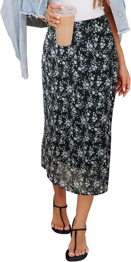 HERBATOMIA Women’s Floral Print Midi Skirt Casual High Elastic Waist Zipper Vintage Long Boho S... | Amazon (US)