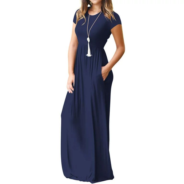 Mengpipi Women's Maxi Dresses Short Sleeve Long Casual Dresses Loose Plain with Pockets, Navy Blu... | Walmart (US)