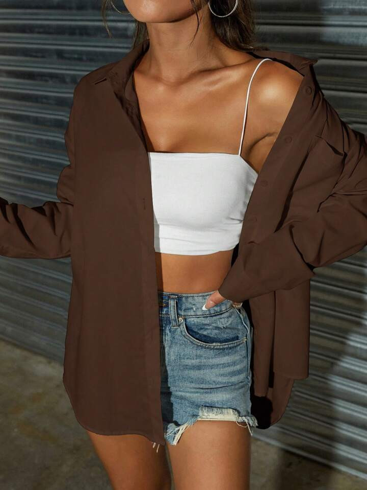 SHEIN MOOSTA Solid Button Front Drop Shoulder Shirt,Long Sleeve Tops | SHEIN