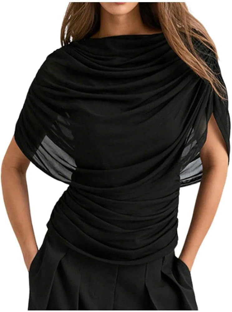 Women Y2k Half Cape Sleeve Ruched Blouse Trendy Slim Fit Draped Boat Neck Mesh Patchwork Cinched ... | Amazon (US)