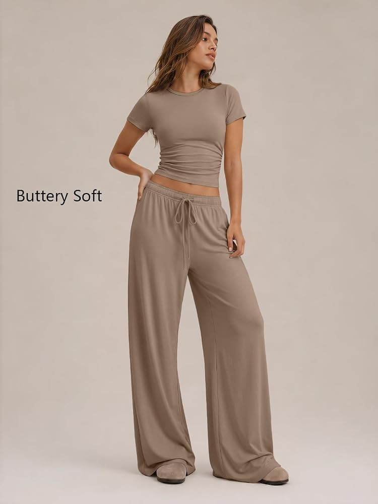 Trendy Queen 2 Piece Matching Summer Lounge Set Womens Side Ruching Top Wide Leg Pants Sets with ... | Amazon (US)