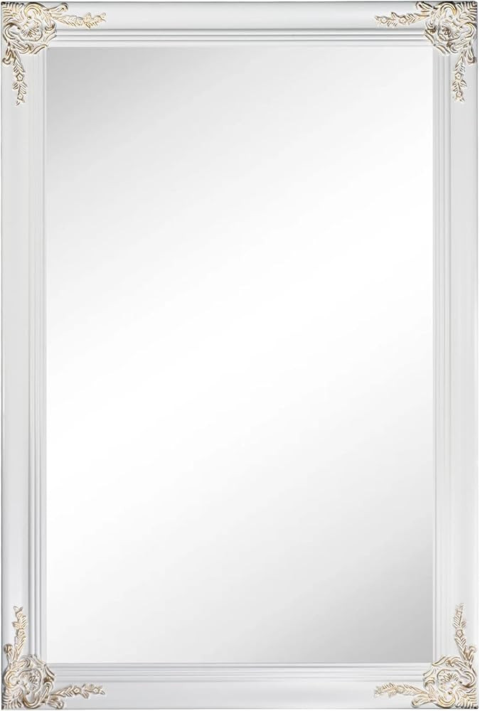 Tanmicoshomy White Vintage Wall Mirror 24 x 36 Inches, Rectangle Wood Framed Baroque Mirror for B... | Amazon (US)