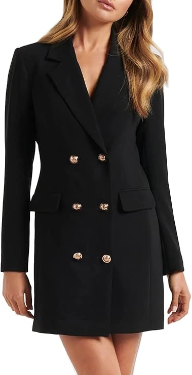 futurino Women's Casual Solid Color Long Sleeve Lapel Double Breasted Mid Length Suit Office Blaz... | Amazon (US)