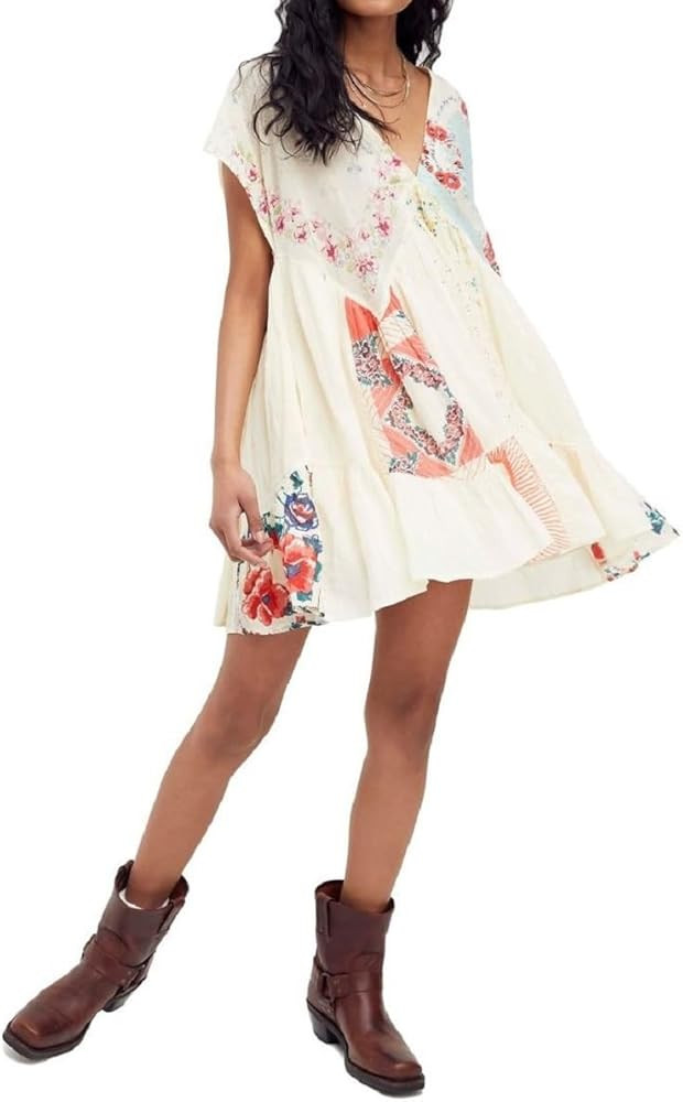 Women Bohemian Floral Mini Dress Y2K Babydoll V Neck Short Dress Loose Fit Patchwork Dress Beach | Amazon (US)