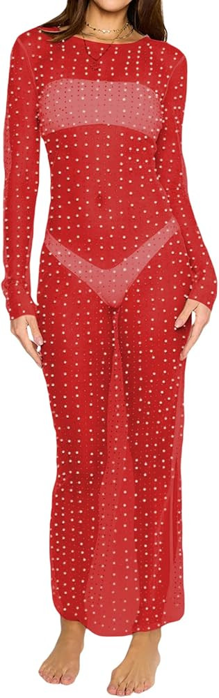 Women Sexy Sheer Mesh Pearls Beaded Cami Cover Up Dress Pearl Rhinestone Dress Long Sleeve Hollow... | Amazon (US)