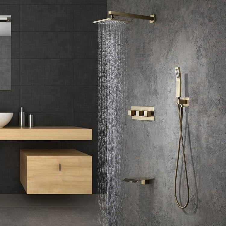 Wall-Mounted Shower System Gold in Brushed 10" with Tub Spout Solid Brass | Homary