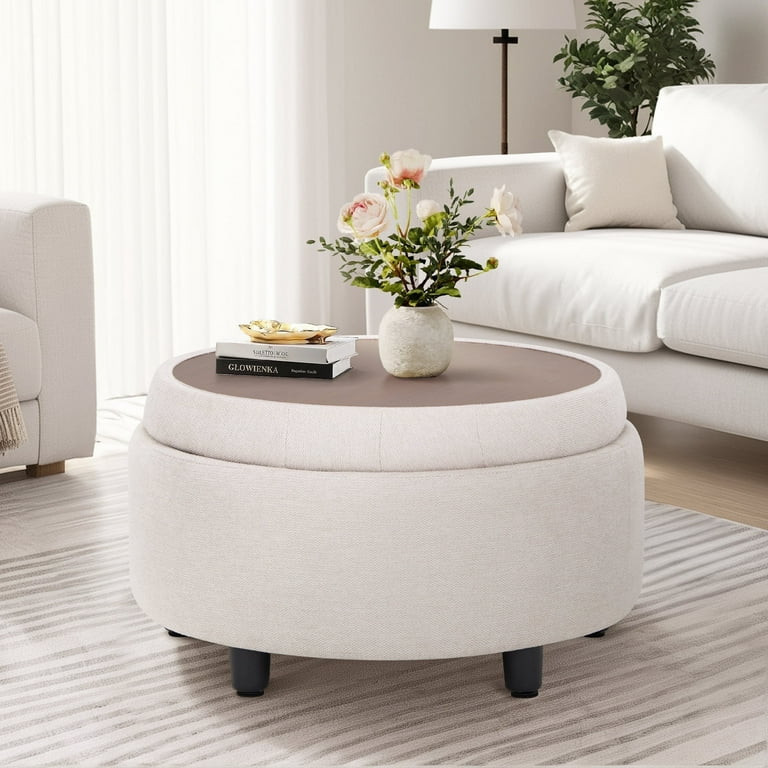 Beige Round Ottoman with Storage and Reversible Tray, Upholstered Fabric Footrest Coffee Table fo... | Walmart (US)